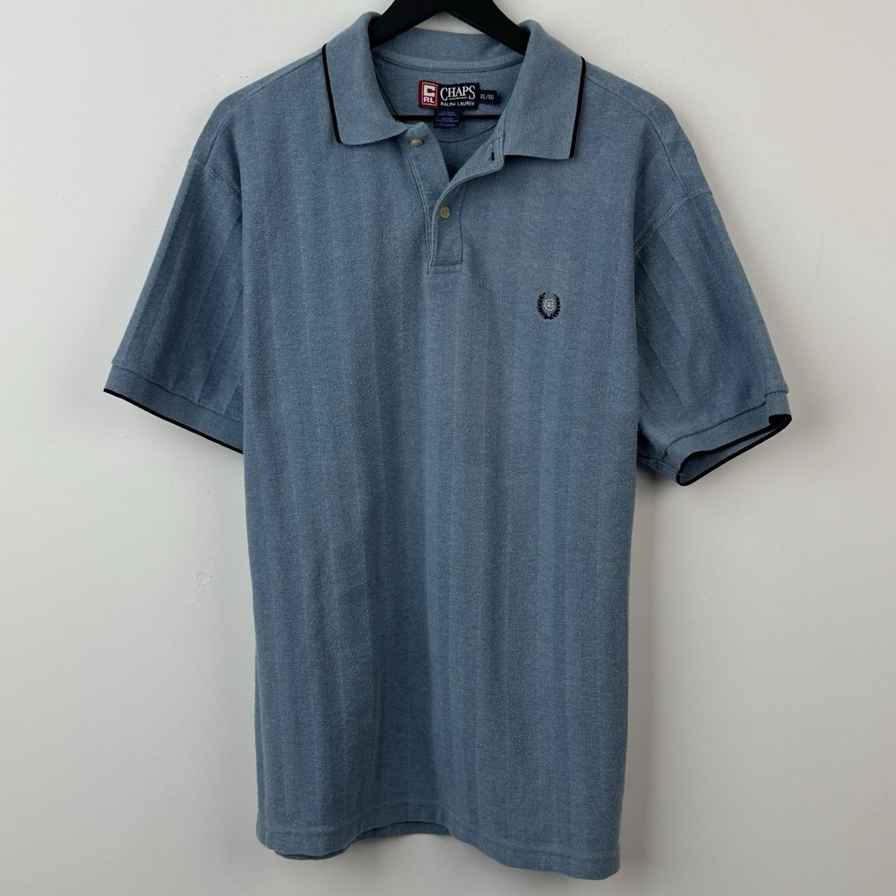 VTG Chaps Ralph Lauren Polo Shirt Mens XL Blue Shadow Strip Casual Short Sleeve